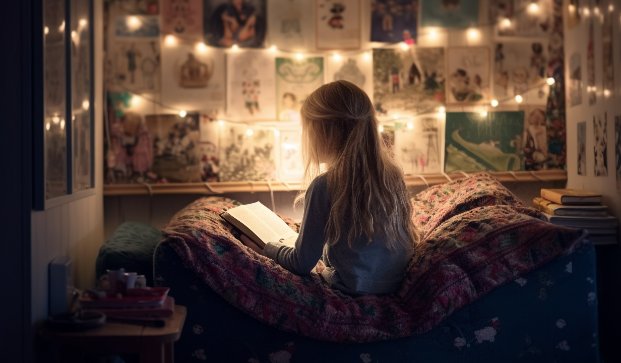 En flicka som sitter i sin säng och läser, med ryggen vänd mot oss.