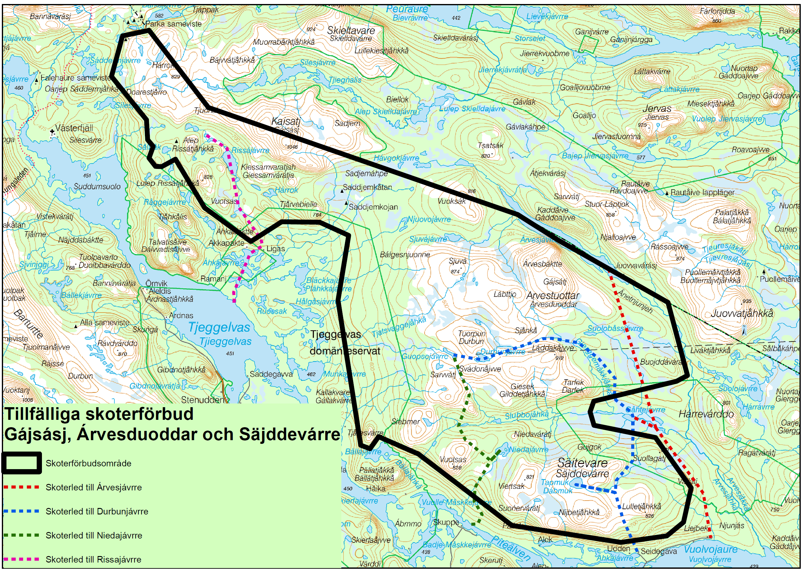 Karta över Gájsásj, Árvesduoddar och Säjddevárre