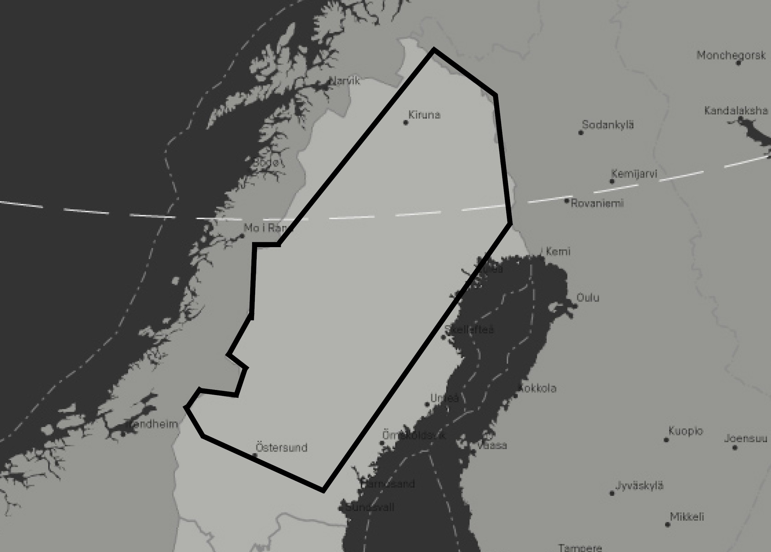 Karta över flygområdet. Större delen av västerbotten och norrbotten omfattas.