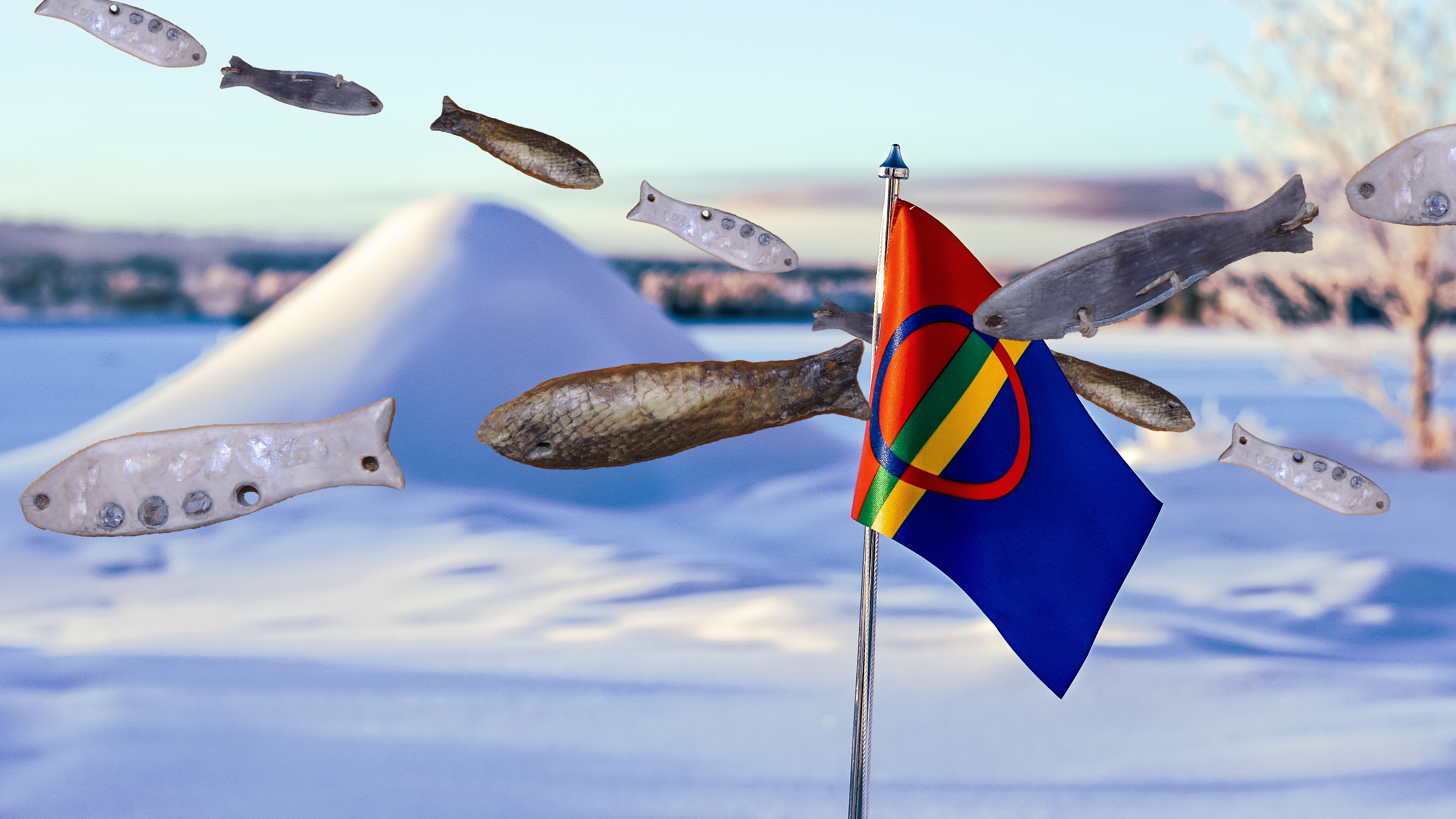 En samisk flagga vid ett fönster med utsikt över ett platt vinterlandskap.