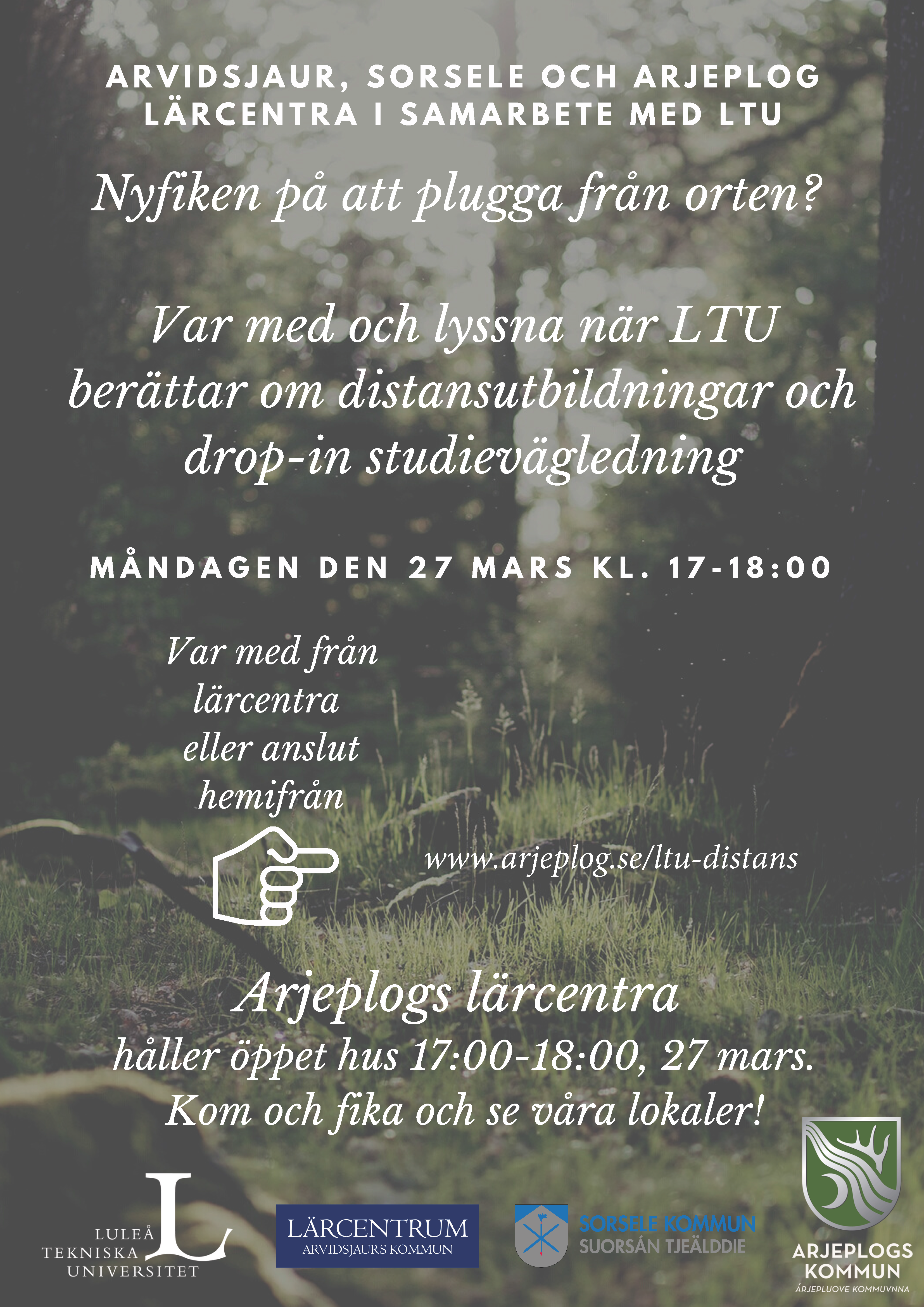 Affisch med vit text och skogsbakgrund.