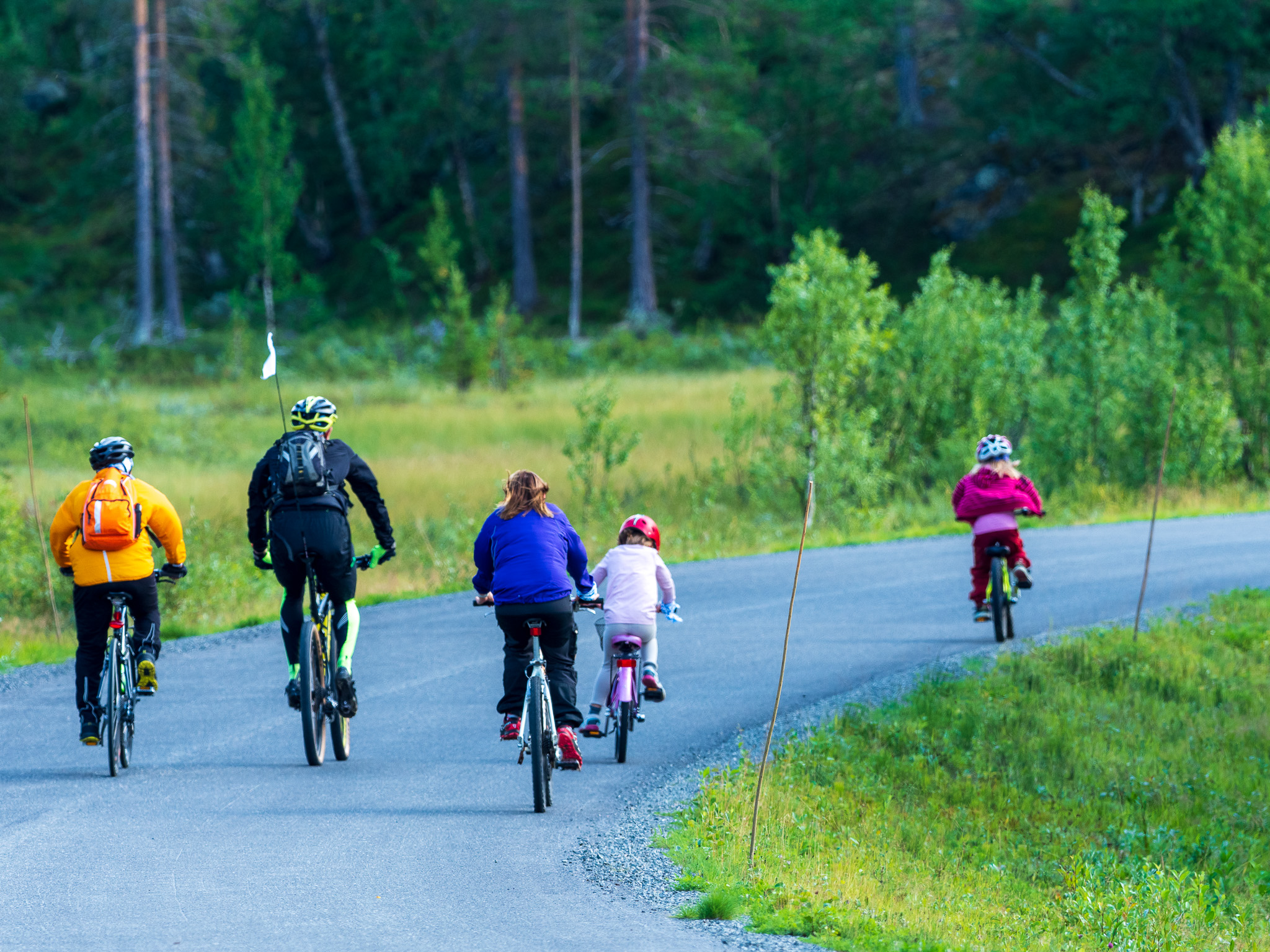 Tre vuxna och två barn som cyklar på en väg.