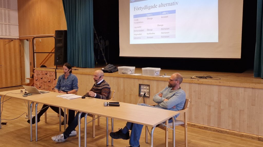 Anna Kaltenegger, kommunchef, Fredrik Westerlund, utbildnings- och kulturchef samt Emil Sundström, samhällsbyggnadschef, sitter framme vid scenen i Medborgarhuset.