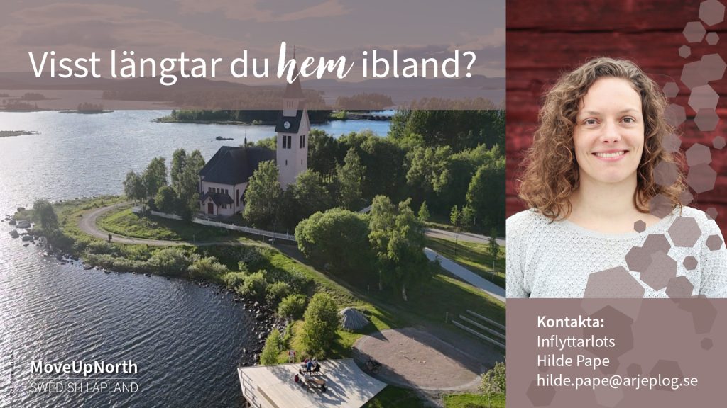 Kyrkan en sommardag från ovan och ett porträtt på vår inflyttarlots Hilde pape.