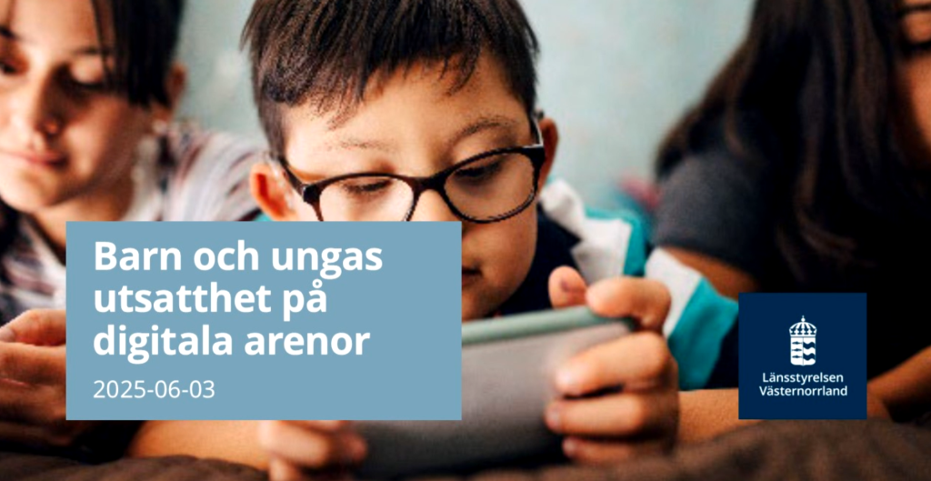 Ett barn med glasögon sitter och tittar ned i sin mobiltelefon. I en textruta står det "Barn och ungas utsatthet på digitala arenor"