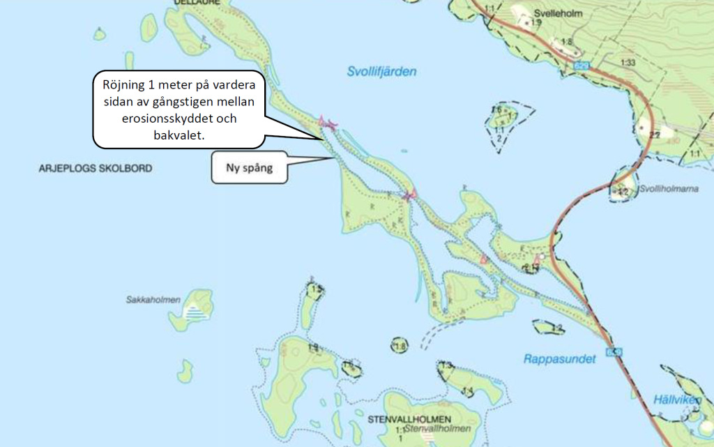 Karta över Åsarna friluftsområde, med en markering där spångarna ska byggas.