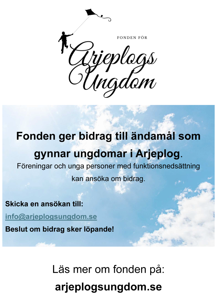 En affisch med text på och logotypen för Fonden för Arjeplogs Ungdom. En blå himmel som bakgrund.. Samma text på bild finns i nyheten.