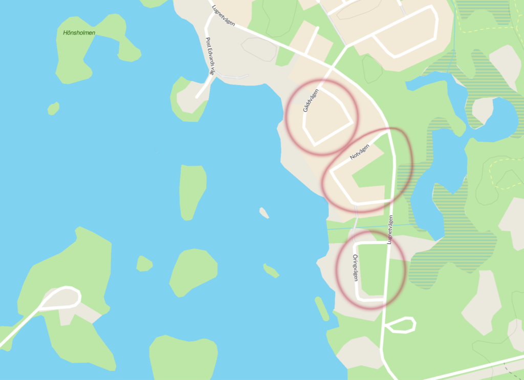 Karta över området som är berört, med notvägen, gäddvägen och öringvägen inringade i rött