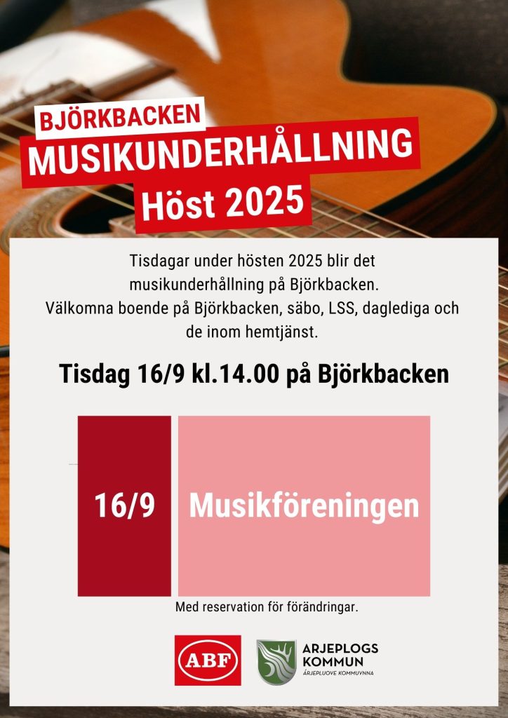 En affisch med text och en gitarr i bakgrunden. Samma text finns i nyheten.