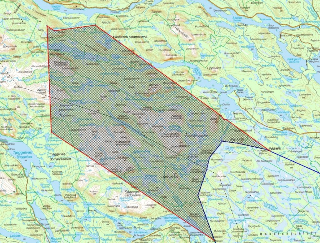 Karta över området i norra Arjeplog/södra Jokkmokk