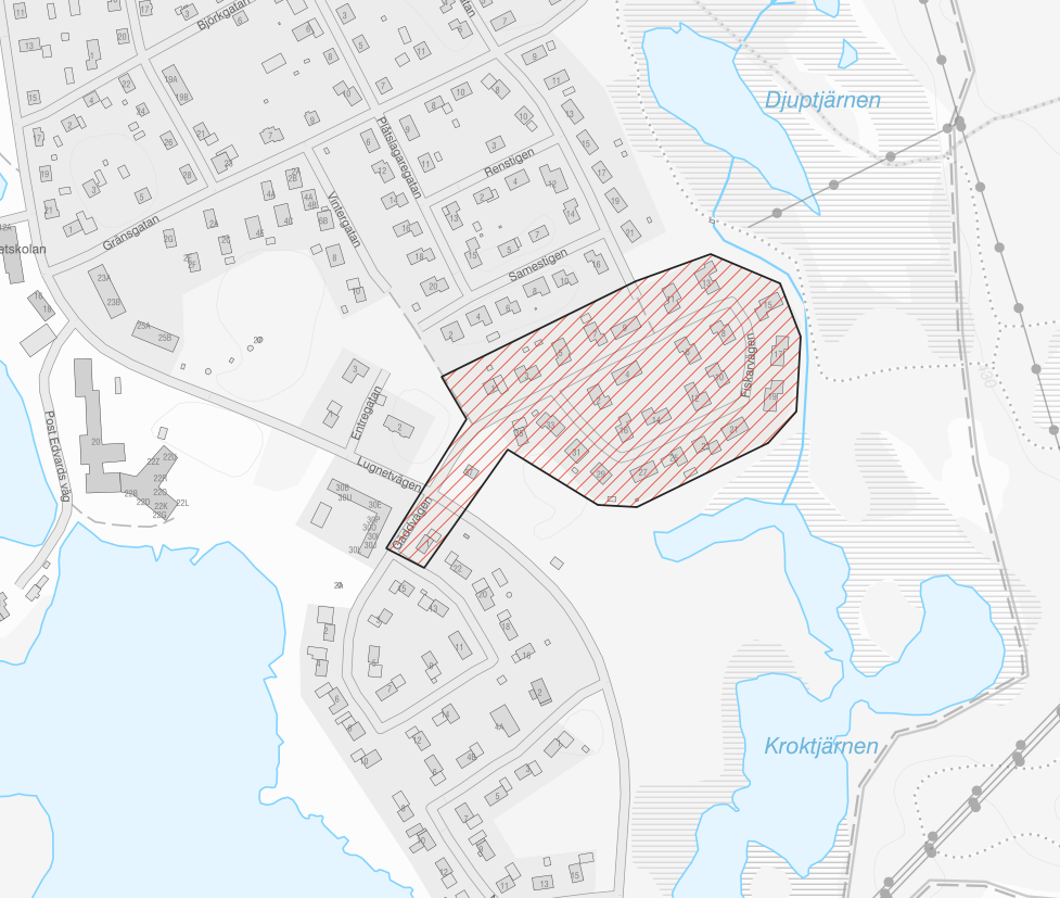 En karta över det område där vattenstoppet sker. Fiskarvägen och delar av Gäddvägen omfattas.