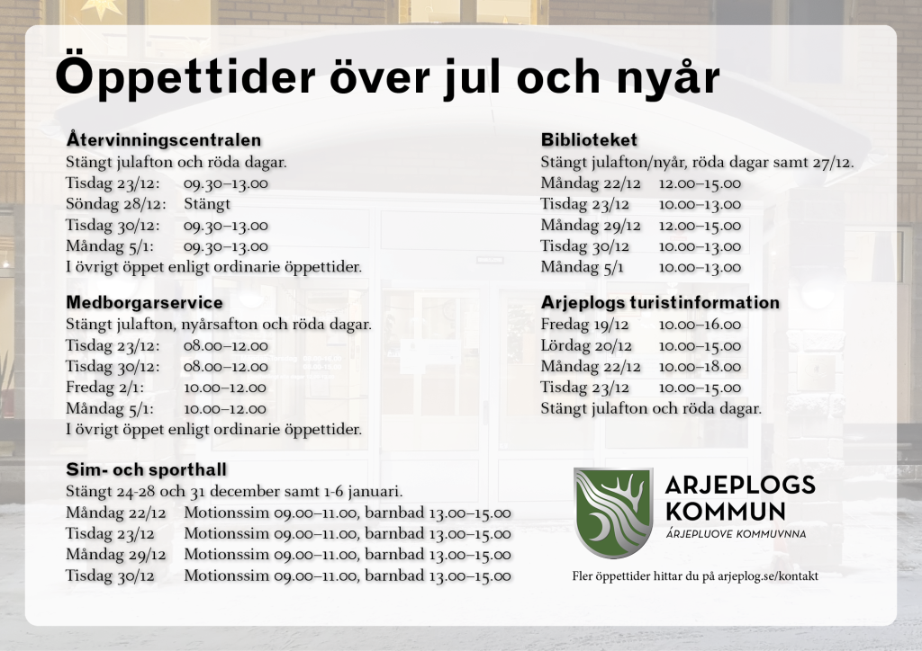 En bild med öppettider i text.