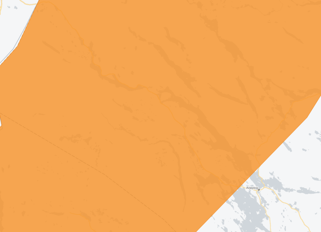 Karta över Arjeplog med stormområdet markerat i orange.