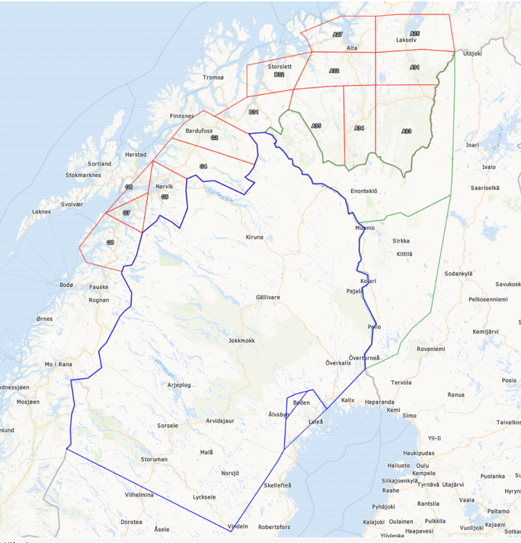 Kartbild över flygområdet, Norrbotten samt Västerbotten.