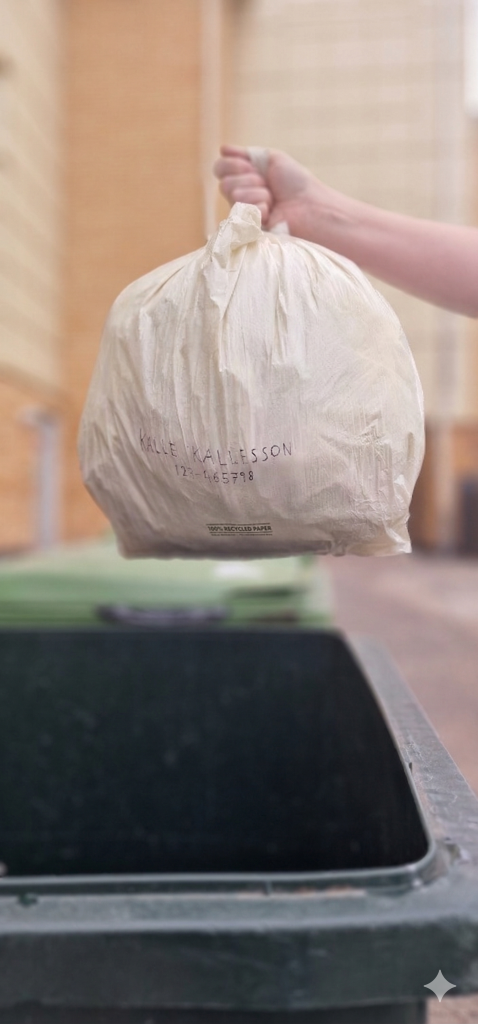 En soppåse som slängs i en grön soptunna.