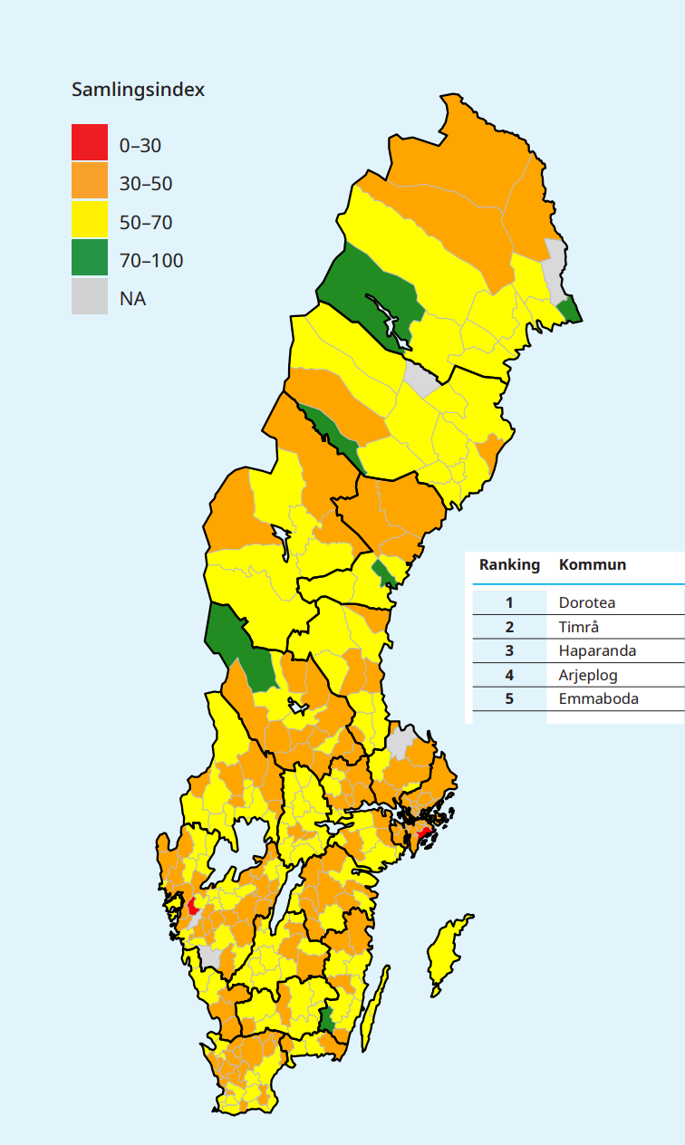 Sverigekarta med kommuners olika rankingar färgkodade från rött till gult och grönt. Det är mycket gult på kartan, förutom bland annat Arjeplog, som är grönt.