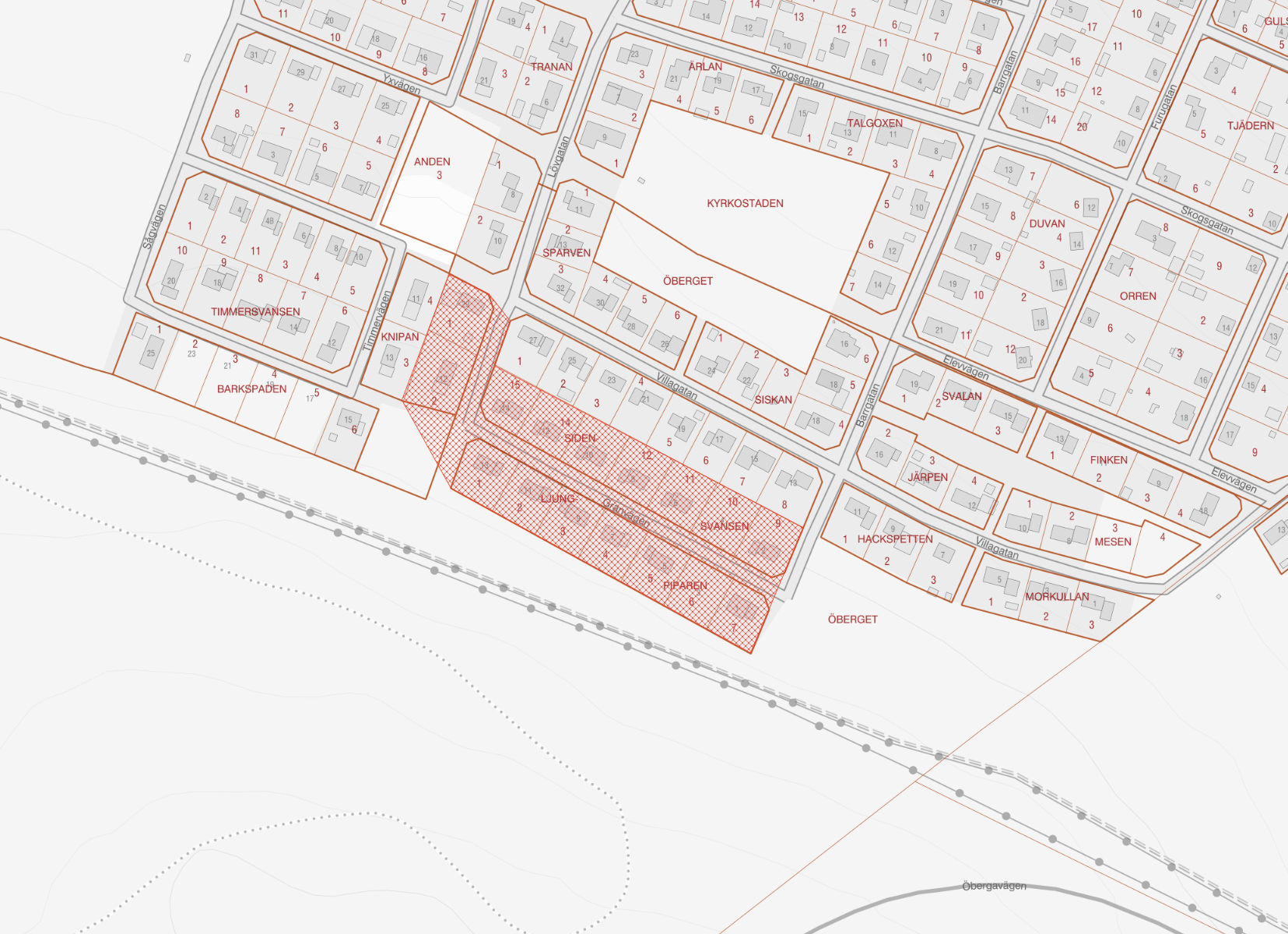 Karta över drabbat område på Öberget.