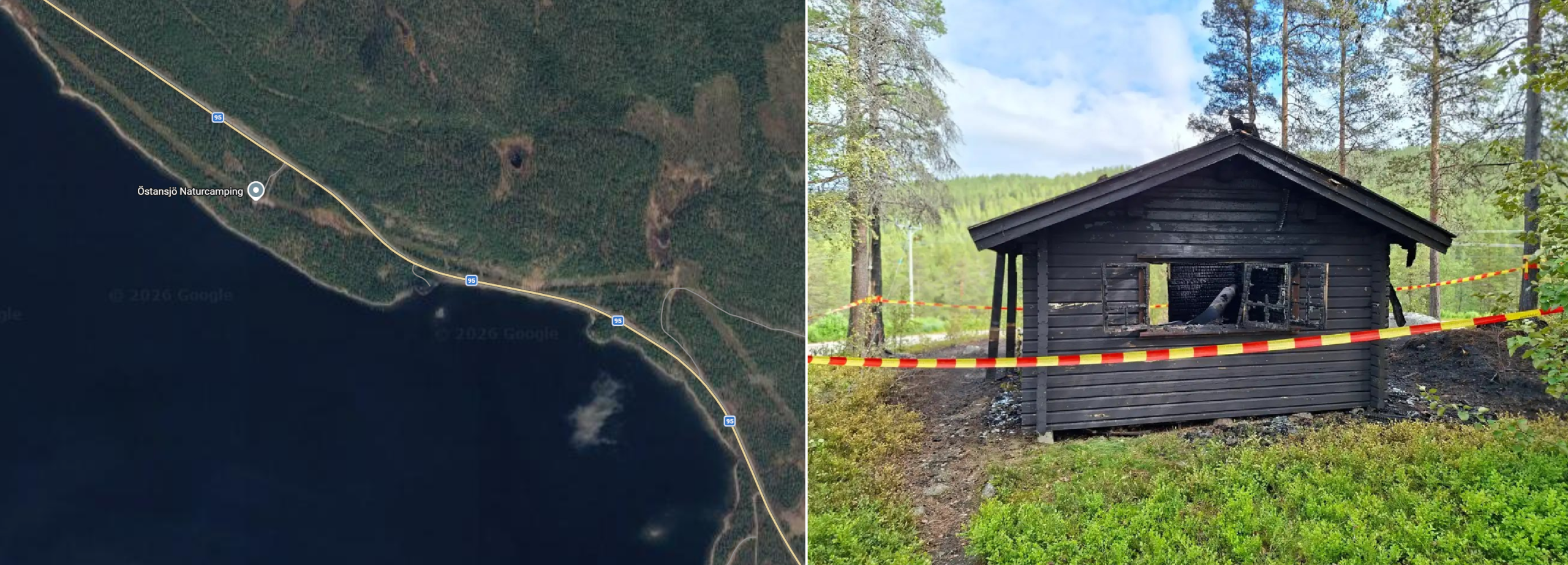 En förkolnad stuga med avspärrningsband runtom. Till vänster om bild, en karta.