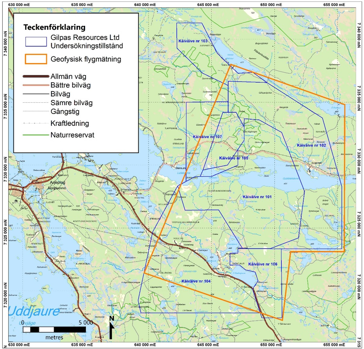 Karta över området där geofysiska mätningar ska göras från helikopter.