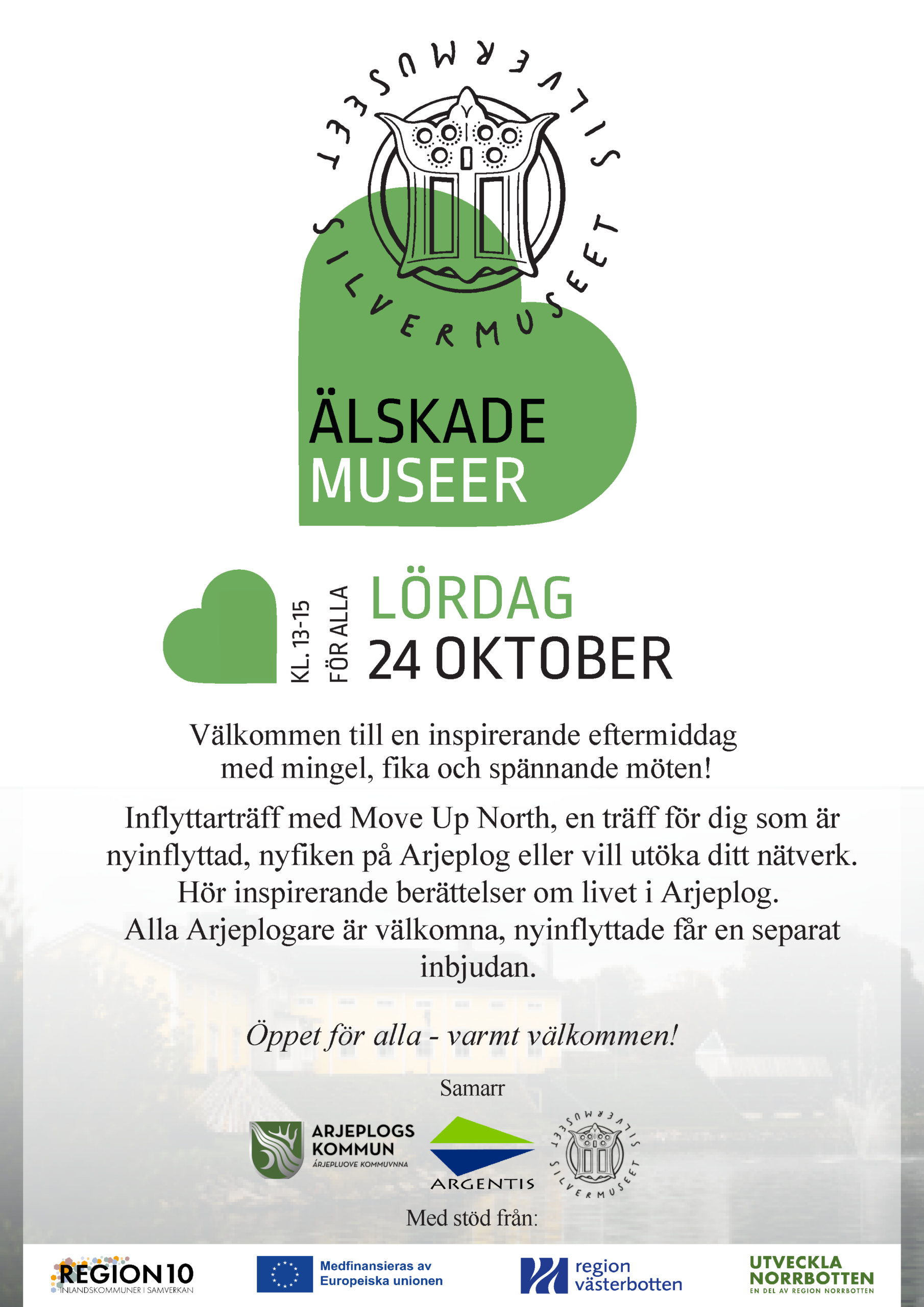 Affisch med silvermuseets logotyp och ett grönt hjärta. Texten återfinns i nyheten.